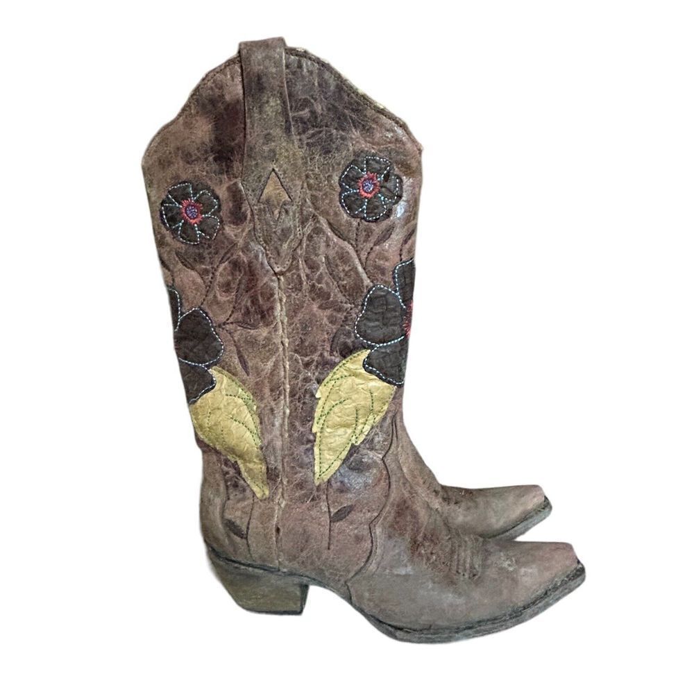 Corral Women's Cognac Crater Daisy‎ Inlay Cowgirl Boot Snip Toe - A2048 Size 7.5